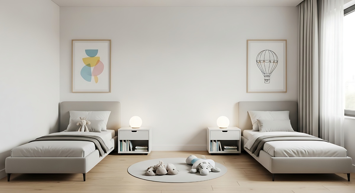 Modern minimalist children bedroom with soft cozy clean design